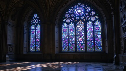 Stunning stained glass windows illuminating a historic building interior with intricate designs and vibrant colors.