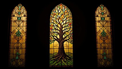 Stunning stained glass windows showcasing a majestic tree, symbolizing life and growth in a serene environment.