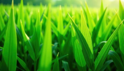 Obraz premium A sea of emerald blades in every direction, young corn shoots swaying gently in the breeze, greenery, growth, fields