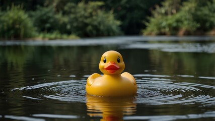 A bouncing rubber duck wearing a bowtie, singing a song in a pond