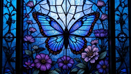 Vibrant stained glass artwork depicting a butterfly surrounded by beautiful flowers, showcasing artistry and nature.