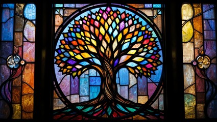 Vibrant stained glass artwork depicting a colorful tree, symbolizing life and growth through artistic expression.