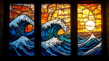 Vibrant stained glass artwork depicting ocean waves and a sunset, showcasing artistic craftsmanship and serenity.