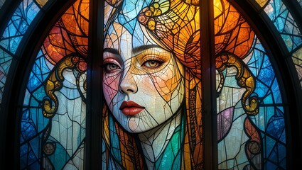 Vibrant stained glass artwork depicting a woman's face, showcasing intricate details and vivid colors.