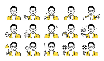 ビジネスカジュアルな若い男性のビジネス向け表情アイコンセット