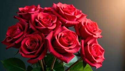 Obraz premium Big bunch of red roses with some stems exposed and leaves in the background, roses, decorative centerpiece, decorative item
