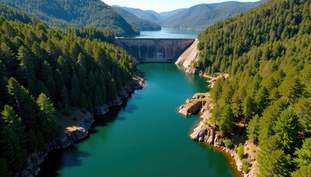 Aerial view of Strathgordon Dam with surrounding forest and water features, wilderness, Tasmania dam, nature