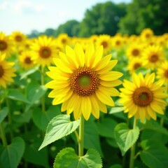 Obraz premium Bright yellow sunflowers in a lush green field with soft blurred background, foliage, landscape, botanical