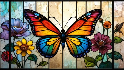 Vibrant stained glass artwork featuring a colorful butterfly and blooming flowers, enhancing any artistic space.