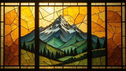 Vibrant stained glass artwork featuring a majestic mountain landscape in warm tones.