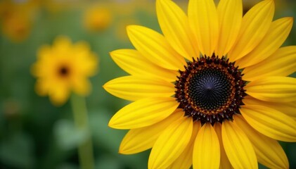 Fototapeta premium Close-up of single large bright yellow sunflower with dark center and soft petals, sunflower, close up, nature