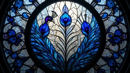 Vibrant stained glass artwork featuring a peacock and blue floral designs, creating a stunning visual experience.