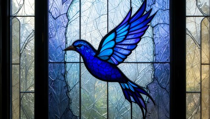 Vibrant stained glass featuring a blue bird in flight, symbolizing freedom and beauty in art and design.