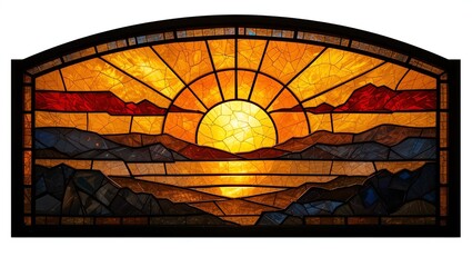 Vibrant stained glass featuring a sunrise over mountains, showcasing intricate design and warm colors.