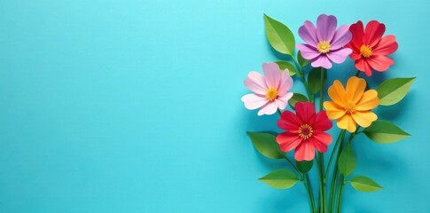 Colorful paper cut flowers on blue background with green leaves in vase, paper cut, decorative, colorful