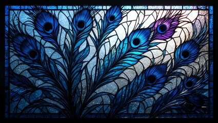 Vibrant stained glass featuring intricate peacock feather designs with shades of blue and purple.