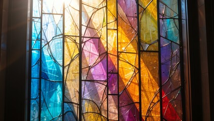 Vibrant stained glass window casting colorful light patterns in an architectural setting.