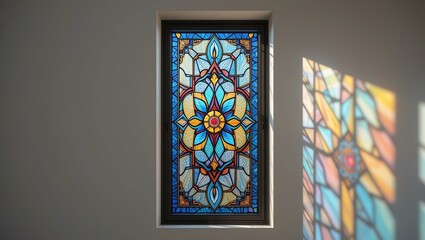Vibrant stained glass window casting colorful light onto a blank wall, showcasing intricate designs and artistic expression.