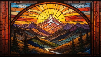 Vibrant stained glass window depicting a stunning mountain landscape at sunset with colorful skies and serene rivers.