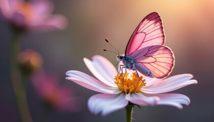Obraz premium Delicate pink butterfly perched on a white flower petal , delicate, insects, flowers