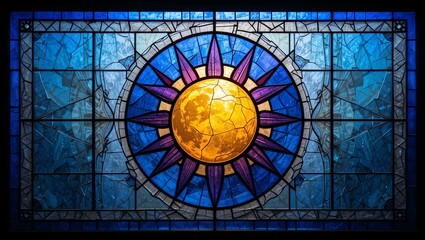 Vibrant stained glass window depicting a shining sun surrounded by intricate blue and purple designs.