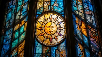 Vibrant stained glass window depicting a sun symbol, showcasing intricate colors and patterns.