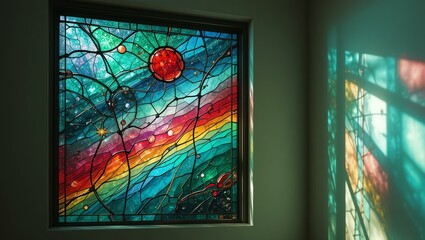 Vibrant stained glass window depicting cosmic elements, creating a mesmerizing interplay of light and color.