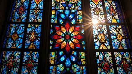 Vibrant stained glass window depicting intricate patterns and colorful designs, radiating light and beauty.
