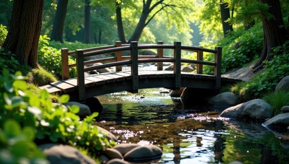 Delicate wooden bridge over a sparkling stream, leaves, wood, sunlight