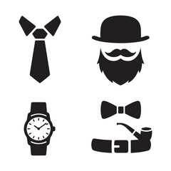 A set of simple, black-and-white icons representing classic men's fashion accessories.