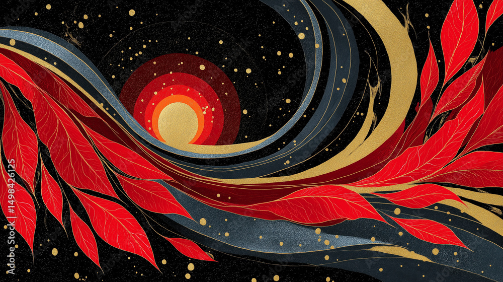 Canvas Prints abstract wave: a flowing abstract design with gold, red and blue waves.