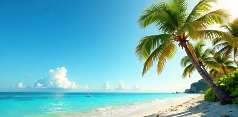 Palm trees sway gently in the warm ocean breeze, sunset, vintage, beach