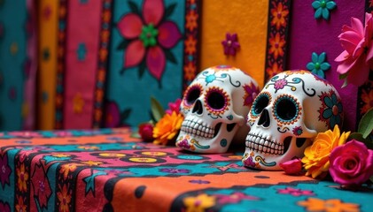 Papel picado and sugar skulls on a colorful altar, cultural symbols, altar, traditional