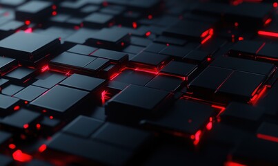 Abstract red glowing lines on dark cubes, technology background, futuristic design, website banner