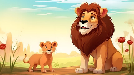 Obraz premium Cute Pig and Lion Cartoon Characters Summer Season Design for Kids in Fun Illustration Art