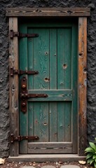 Weathered wooden door with rustic hinges and rusty lock set against dark earthy background , brown, grunge texture, wood