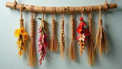 Woven sweet grass braids hanging from a wooden dowel with dried flowers , rustic, decoration, bouquet