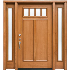a large, wooden front door with multiple glass panels, a white frame around each panel, and a brass handle