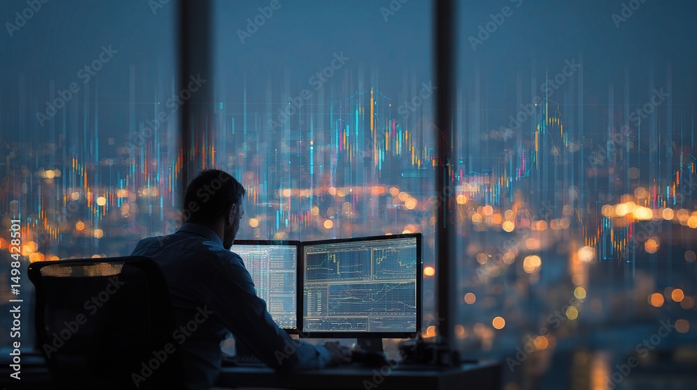 Poster focused trader at desk analyzing data on computer screens at night