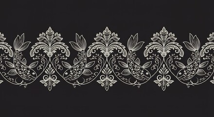 Decorative Border with Fish and Floral Pattern on Black