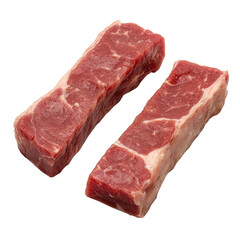 two raw steaks resting on a white surface against a neutral background