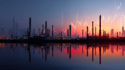 Obraz premium Silhouettes of Oil Refinery at Dubai Skyline during Sunset