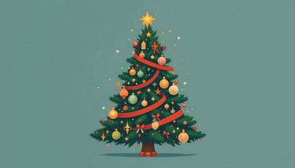 A vector illustration of a decorated Christmas tree with colorful ornaments (baubles, stars, ribbons) in a flat design style. Use traditional holiday colors (red, green, gold) and include subtle.