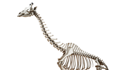 Striking Giraffe Skeleton Showcase Revealing the Elegant Anatomy of a Tall Herbivore Against a Dark Background Museum Specimen Study