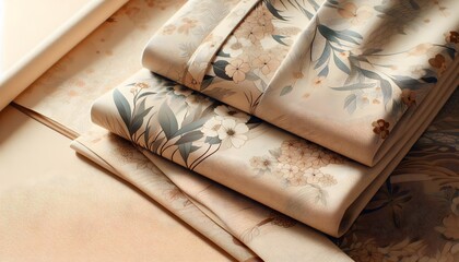High-resolution fabric of folded kimono showing detailed floral design, laid on smooth beige surface with soft light