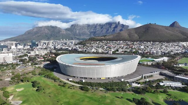 Dhl Stadium At Cape Town Western Cape South Africa. Aerial View Of A High-Rise Buildings And Traffic Showcasing Urban Life. Infrastructure Skyline Panoramic City View Amazing.