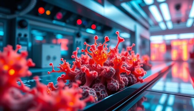 Microscopic cellular structures displayed on futuristic digital interface in high-tech lab, biotechnology, science