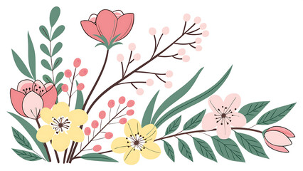 A vector illustration of a springtime floral arrangement: tulips, daisies, cherry blossoms, and green leaves. Flat design style with pastel spring colors (pinks, greens, yellows).