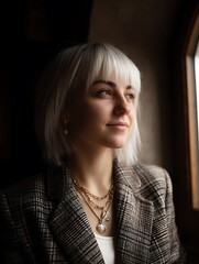 Portrait of a Young Woman with Blonde Hair, Wearing a Plaid Blazer and Gold Jewelry.