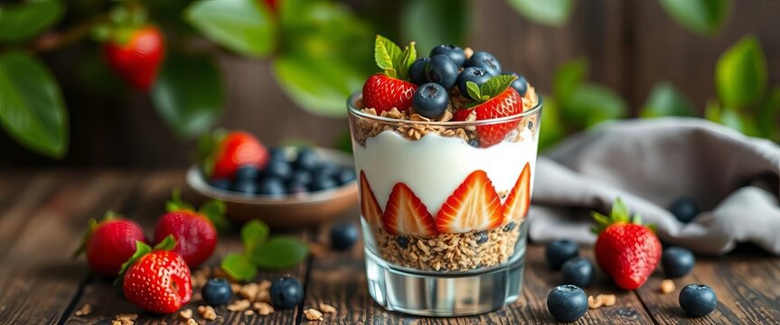 Layered strawberry yogurt parfait with granola & blueberries in glass on wood, food photography, red